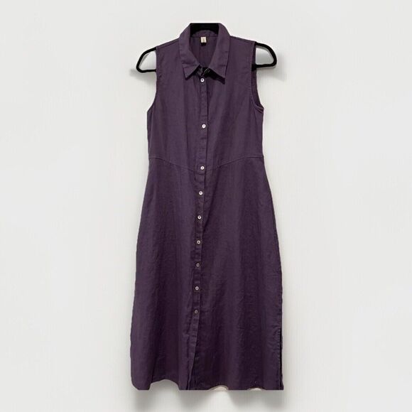 Amazhiyu Dress Small Purple Linen Button Down Midi Collar Sleeveless Pocket Boho - Picture 1 of 16